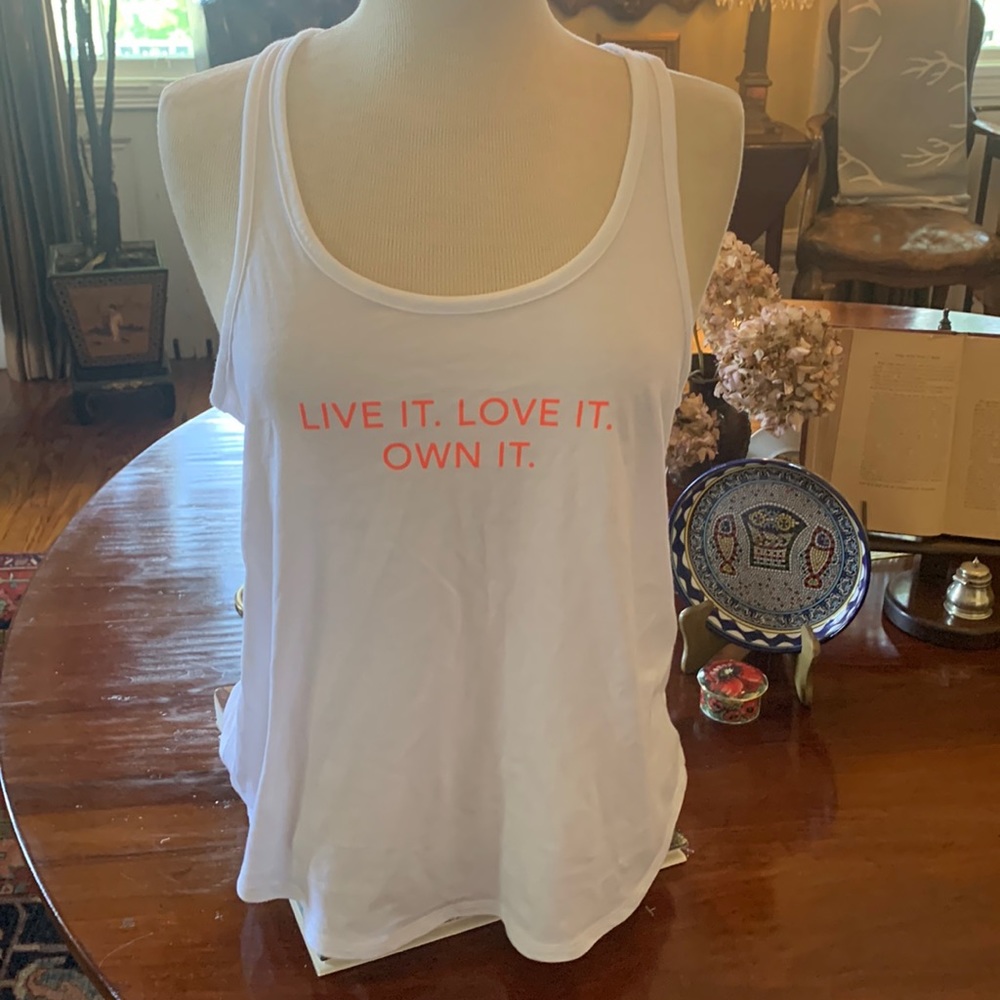 Under Armour “Live it Love it Own” it White Heatgear Loose Racerback Tank
